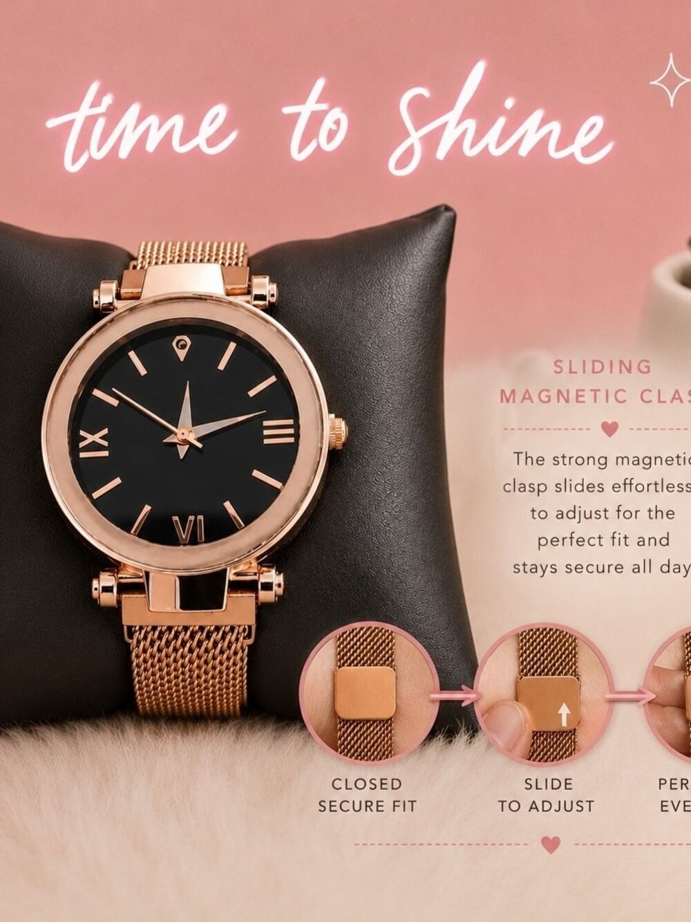 Women's Rose Gold Watch Black Dial Mesh Strap - Picture 5 of 6